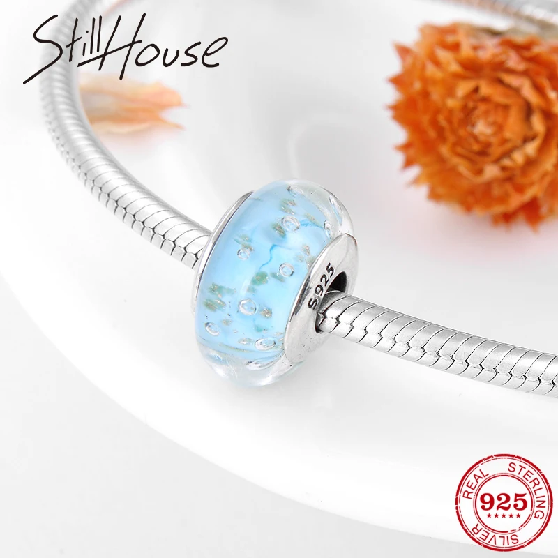 

New 925 Sterling Silver Aqua blue Bubble Beads Fit Original Pandora Charm Bracelets DIY Jewelry Accessories