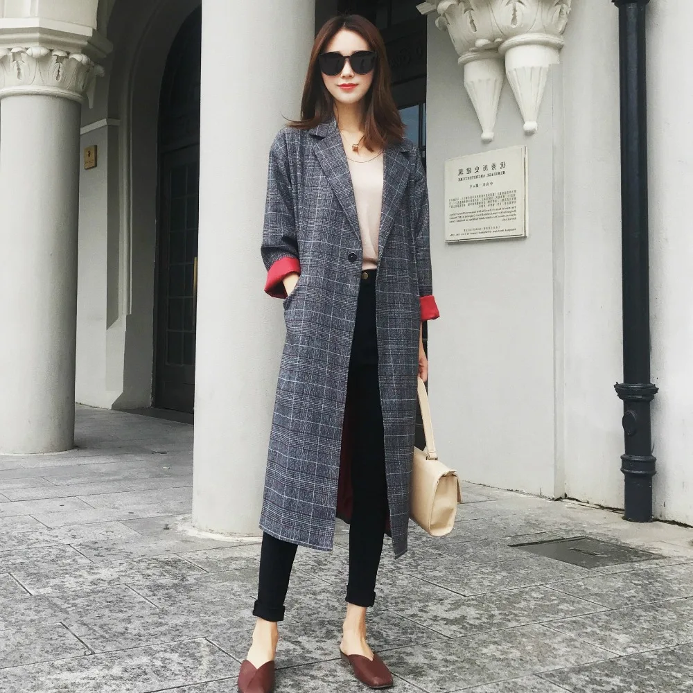 Classic Plaid Long Coat Fashion Women's Outerwear Checked Blazer Straight All Match Classic Plaid Long Coat Fashion Women's Outerwear Checked Blazer Straight All Match