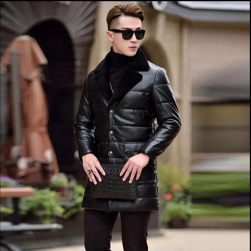 S 5XL Winter new Haining leather down jacket men's long section slim
