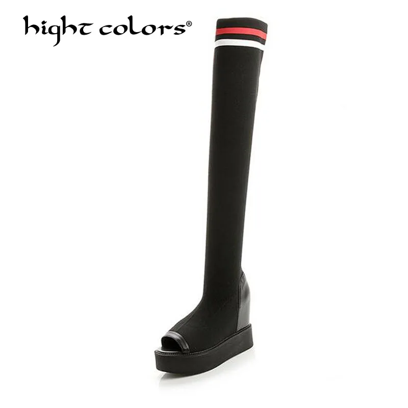 

Spring 2019 Autumn Stretch Fabric Mixed Colors Over-the-Knee Boots Peep Toe Platform Women shoes High heels Long Boots 3623