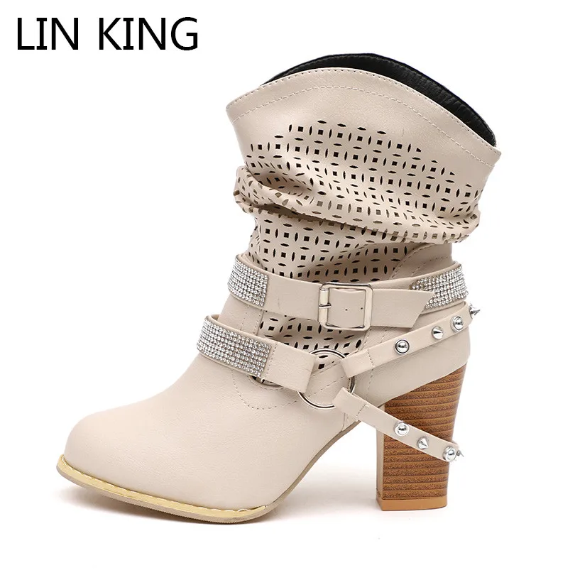 

LIN KING Fashion Crystal Women Motorcycle Boots Retro Rivets Boots Punk Pierced Short Boots Big Size Lady Mid-Calf Botas