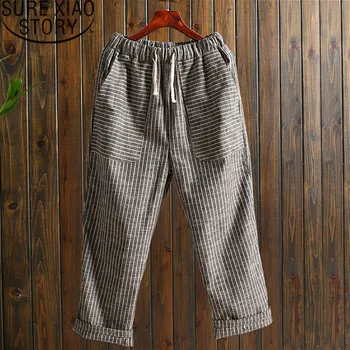 

Women pants 2019 korean Loose Casual Drawstring Pockets Cuffs Striped High Flat Harem Pants harajuku 2468 50