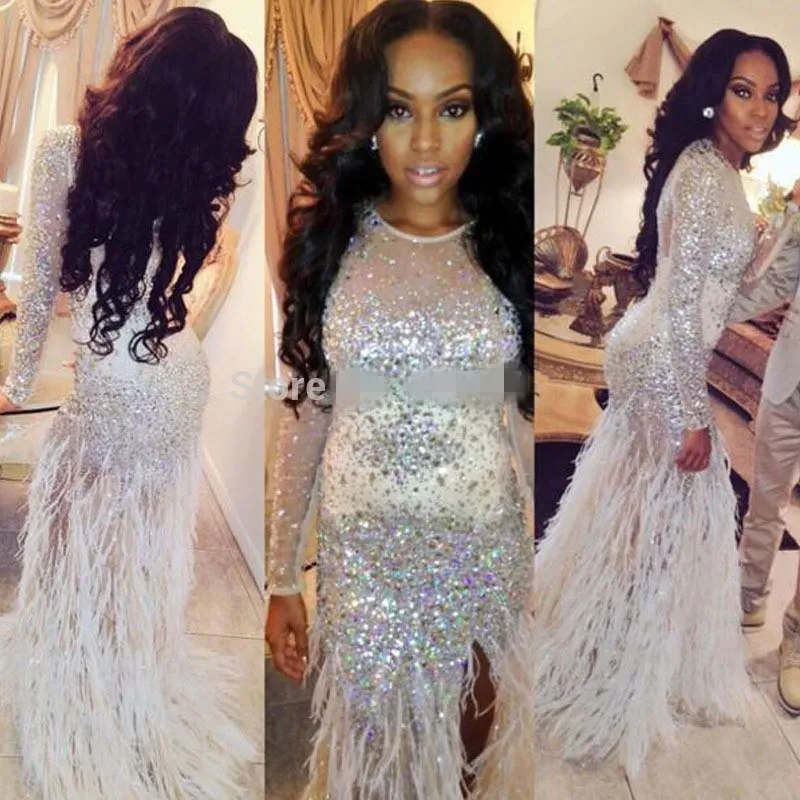 

Luxury Evening Dresses Sexy Abaya Long Sleeve Feather Decoration Mermaid Prom Dress With Crystal Sequin Gowns Abendkleider