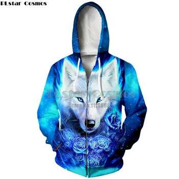 

PLstar Cosmos New Fashion hoody galaxy Wolf Hoodies Men/Women 3d Sweatshirts With Hat Print Colorful Wolf Hooded zipper Hoodies