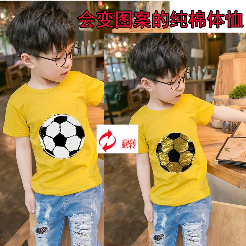 

6 color Summer soccer magic switchable sequin boys tee shirt kid new fashion yellow t shirt children tops clothes 3-10T
