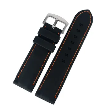 

20/22/24/26mm Sport Black Silicone Watch Strap Wrist Band Stainless Steel Pin Buckle Orange Line Stitching Bracelet Waterproof
