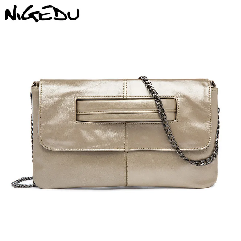 

NIGEDU Genuine Leather Women Clutches luxury design Chain Messenger Bag for female Crossbody Bag Fashion ladies Envelope clutch