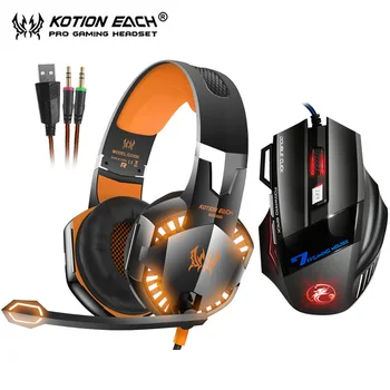 

KOTION EACH G2000 Stereo Gaming Headset Deep Bass Headphone with Mic LED Light for PS4 PC+Optical USB Gaming Mouse Game Mice DPI