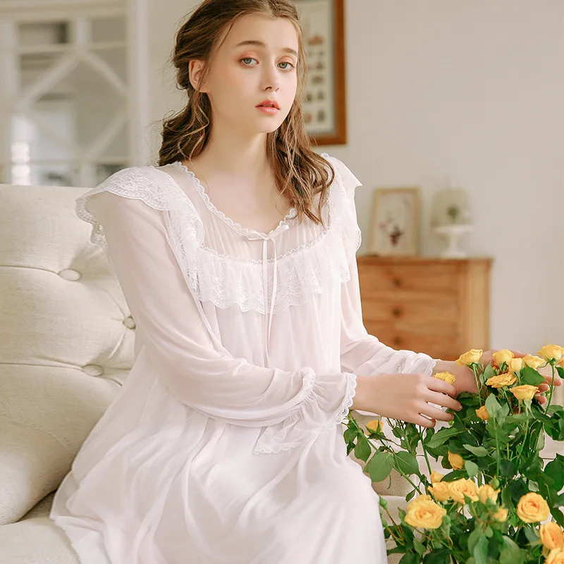 

Lace Mesh Nightgowns Sleepshirts Home Dress Sexy Nightwear Women Sleepwear Sweet Sleep Lounge Vintage Nightgown Female 2019 New