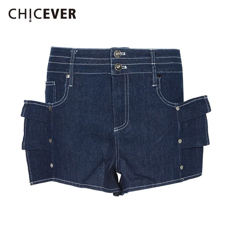 

CHICEVER Summer Denim Shorts For Women High Waist Button Zipper Fly Pockets Irregular Short Patchwork Female 2019 New