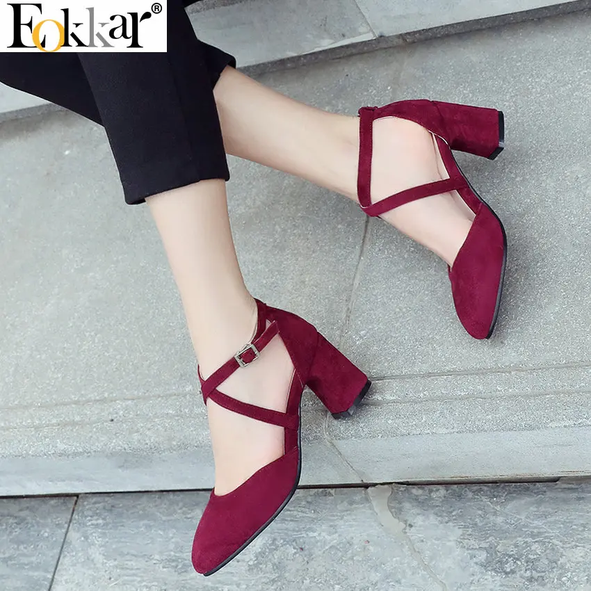 

Eokkar 2019 Women Criss Cross Strap Pumps Square High Heel Pointed Toe Flock Synthetic All Match Ladies Pumps Plus Size 34-46