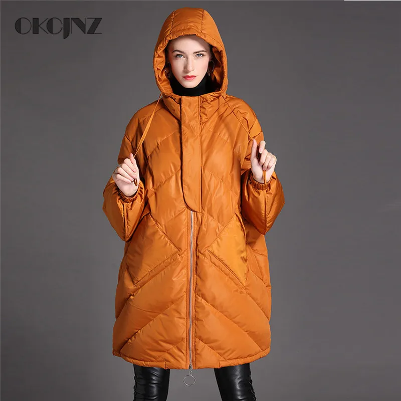 

2019 Winter New European High end Female Down jacket 90% white duck Down Thick Loose large size Hooded Down Coat YY039