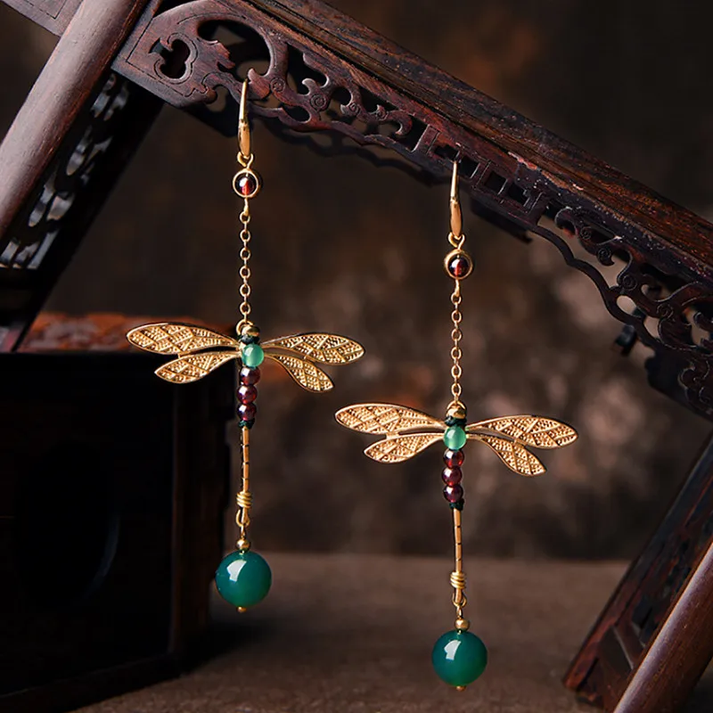 Yanting Natural Green Stone Earrings For Women Gold Color Gragonfly Earing Irregular Ethnic Earrings Fashon Jewelry Female 2018 026  (2)