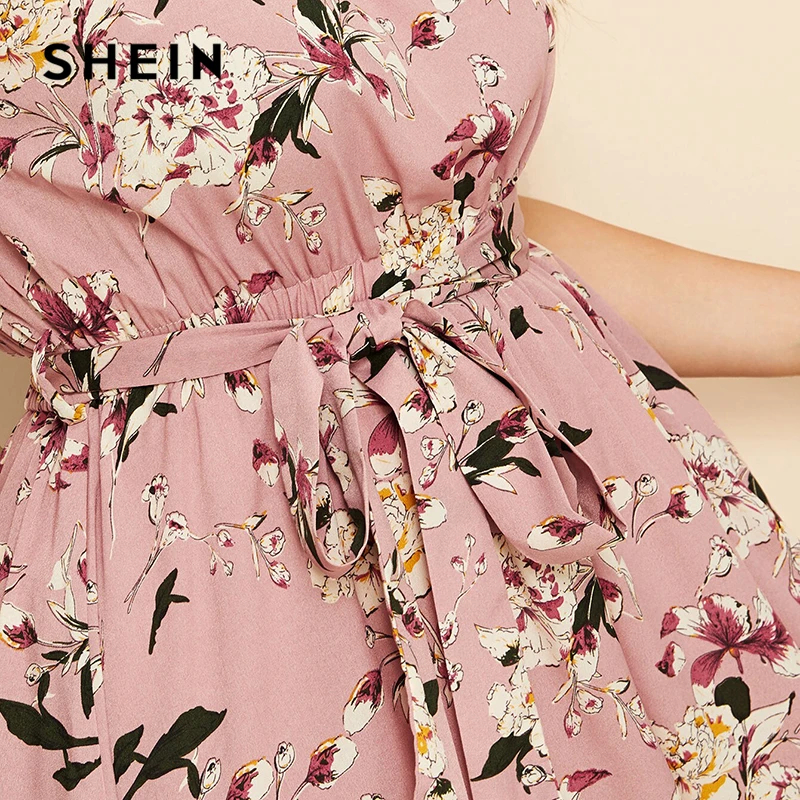 Shein Grande Taille Rose A Volants Ourlet Imprime Floral Ceinture Longue Robe Femmes 2019 Ete Automne Bateau Cou Taille Haute Une Ligne Boho Robes Aliexpress