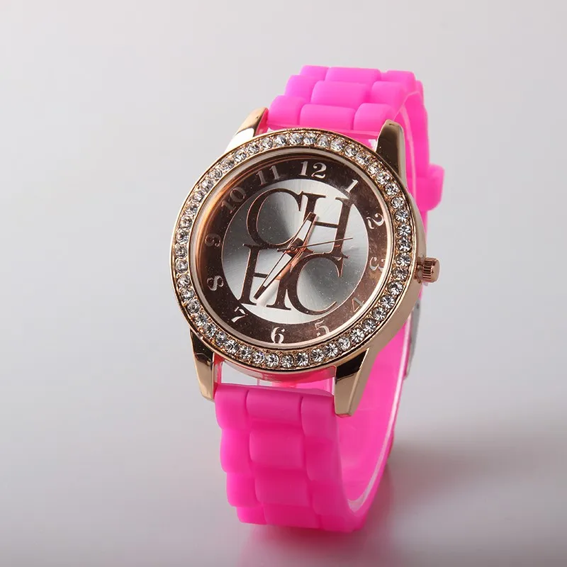 Новинка, известный бренд, золотые, Geneva, силиконовые, повседневные, кварцевые часы для женщин, кристалл, платье, часы, Relogio Feminino, розовые часы, горячая распродажа - Цвет: rosy