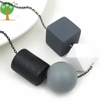 Geometric Wooden Necklace pendant Bead cluster chain Modern Tribal Chic BALL STATEMENT grey black white NW202