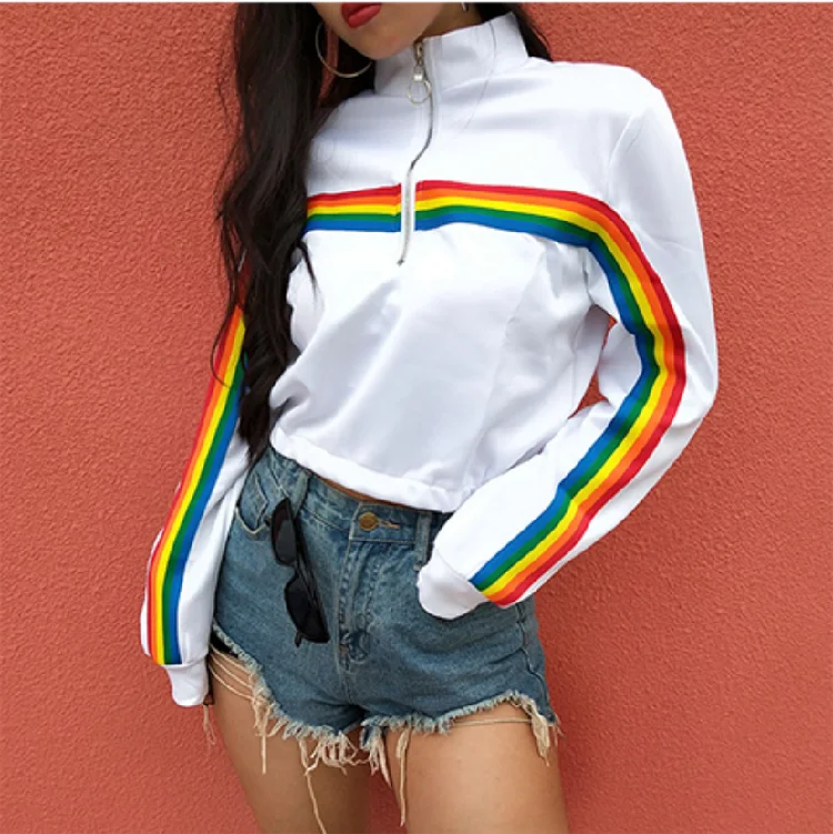 

Plus Size Ring Buckle Zipper Turtleneck Patch Contrast Rainbow Stripe Fashion Crop Top Short Sweatshirt Hoodies Pullover Sexy