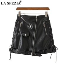 LA SPEZIA кожаные юбки для женщин на шнуровке черные мини короткие юбки с ремнем женские молнии Байкерская облегающая мини-юбка в стиле панк-рок