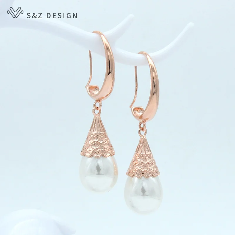 S&Z DESIGN New Long Vintage Imitation Pearls Water Drop Earrings For Women Wedding 585 Rose Gold Color Party Fashion Jewelry
