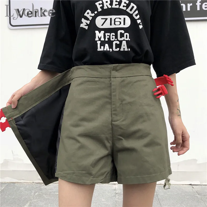 Lychee японский стиль нерегулярные Карманные женские шорты с пряжкой выше колена ремень Высокая талия Свободные Женские карго шорты