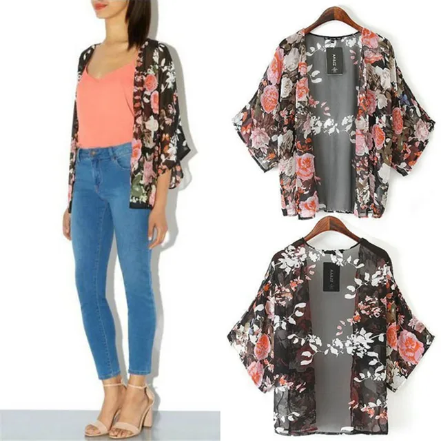Vintage Floral Loose Shawl Chiffon Cardigan Coat Jacket