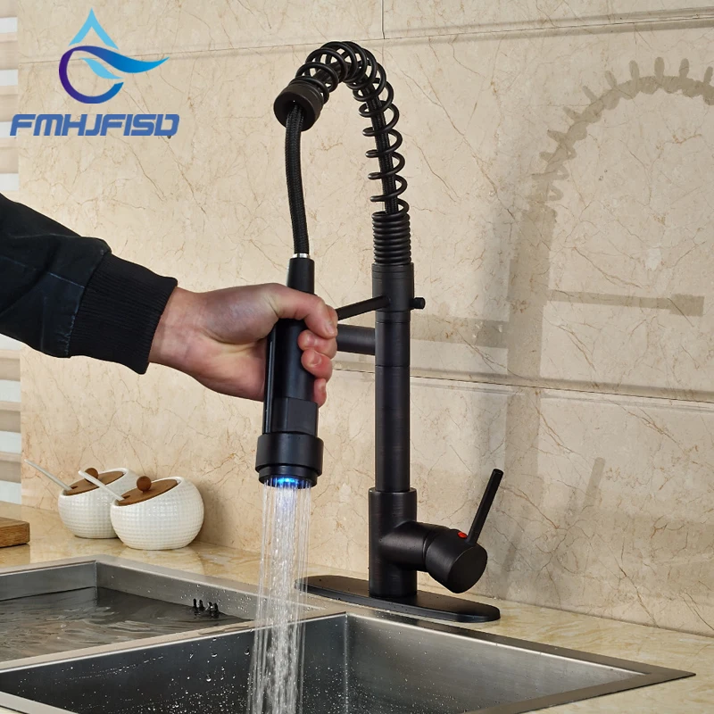 

3 Color LED Sprayer Kitchen Mixer Faucet Oil Rubbed Bronze Dual Spout Swivel Mixer Tap W/ Hole Cover Plate