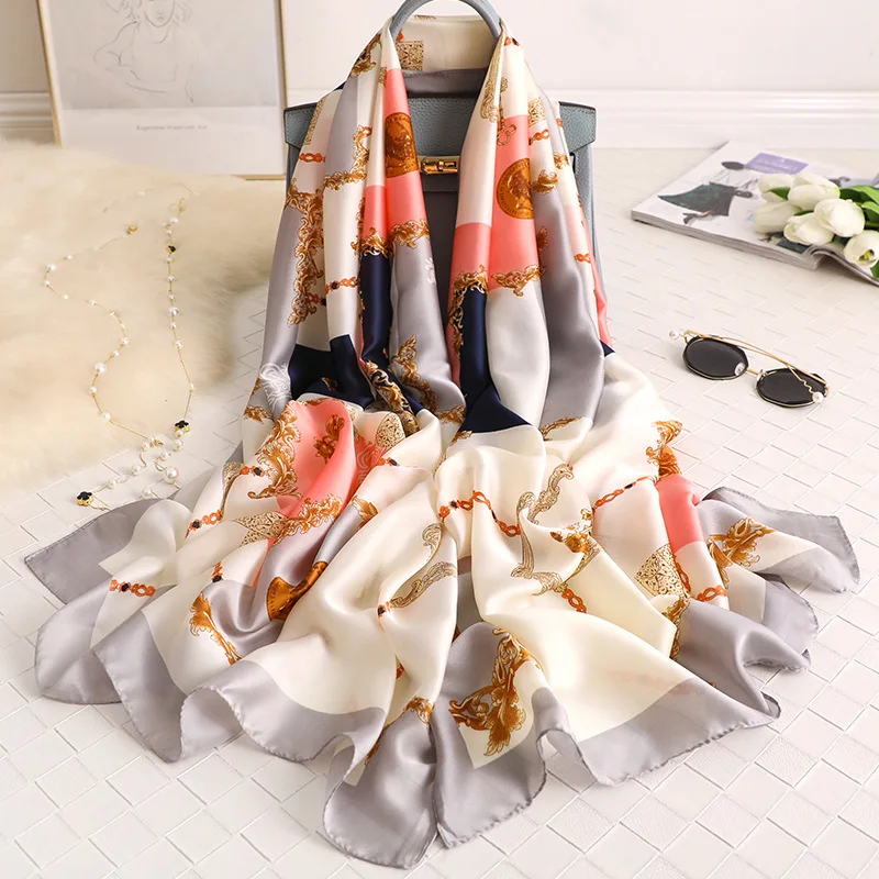 

2019 New Soft 100% Natural Silk Scarf Women Spain Luxury Brand Pashmina Shawl Femme Long Bandana Bufanda Foulards Hijab 180*90Cm