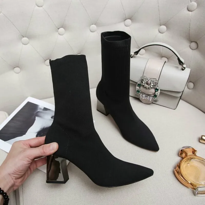 

2018 Pointed toe High Heel Martin boots sock boots Women Boots Basic Autumn Winter Casual snow boots Fashion women Shoes