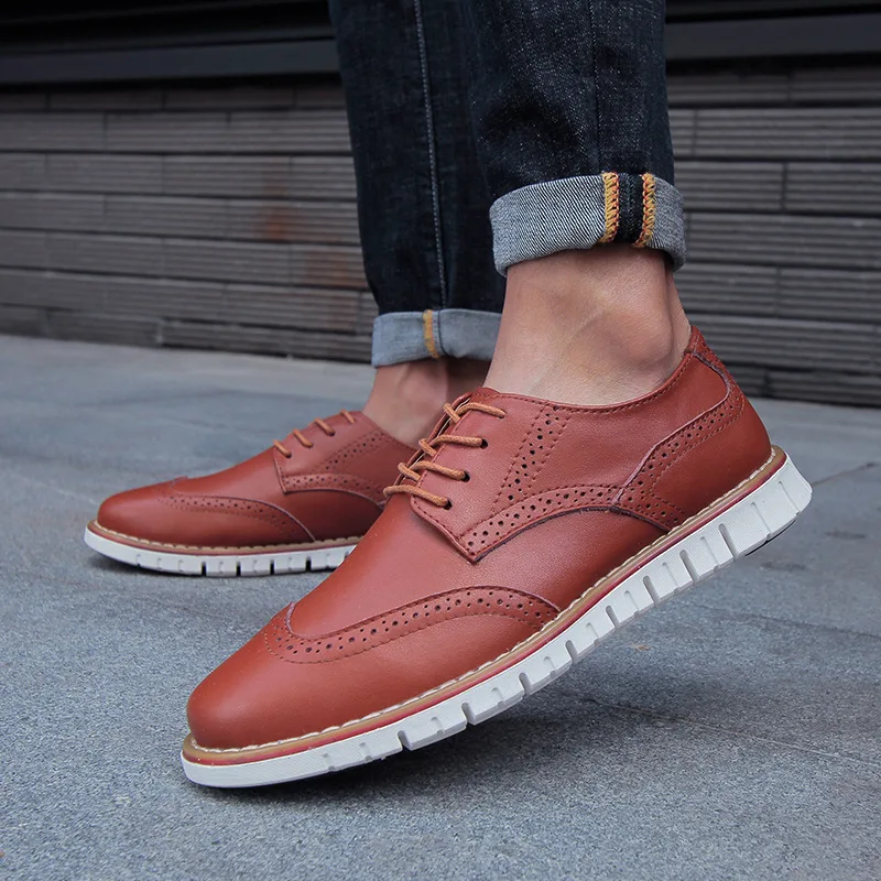 

Merkmak Brogue Men's Leather Shoes Lace Up Business Dress Shoes Men Wedding Shoes Casual Formal Shoes Male Big Size38-46 Flats