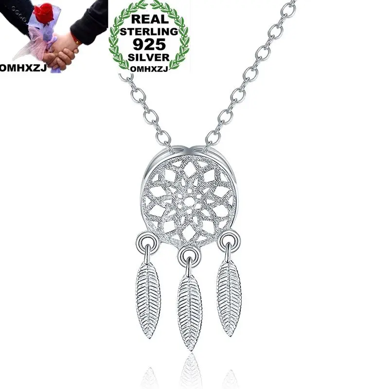 

OMHXZJ Wholesale Personality Fashion OL Woman Girl Party Gift Silver Net Feather 925 Sterling Silver Charm Pendant Necklace CH72