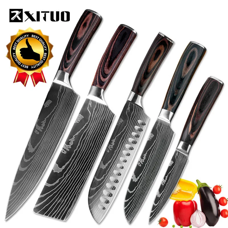 XITUO " Профессиональный кухонный нож шеф-повара, острый нож из нержавеющей стали, нож для резки, лазерный нож, дамасский узор, инструмент для овощей Santoku - Цвет: 5 PCS