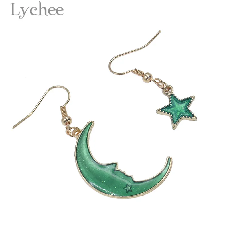 Lychee 1 пара асимметричные сплав звезда луна эмаль висячие серьги женские
