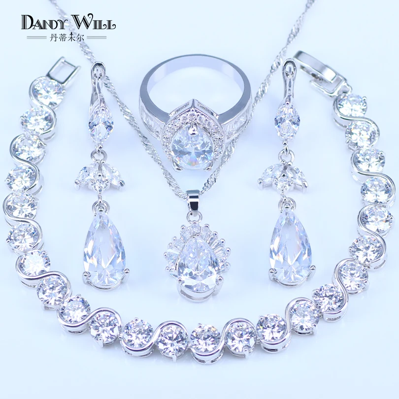 

925 Stamp Silver Jewelry Set White Crystal Cubic Zirconia Water Drop Jewelry Sets Wedding Anniversary Bridal Jewelry Sets