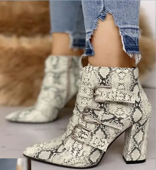 

Drop Shipping Spring Woman Python Snake Skin Pointed Toe Buckles Rough Heels Short Boots Zipper High Heel Ankle Boots Lady