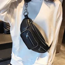 Высокое качество Для женщин кожа поясная сумка цепи талии пакет молния нагрудный ремень сумки Винтаж заклепки Для женщин бум Сумка поясная