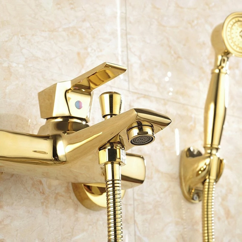 US $63.64 Vidric Brass Gold Plated Bathtub Faucet With Hand Shower Wall Mounted Bathroom Bath Shower Faucets Mixer Tap Torneiras