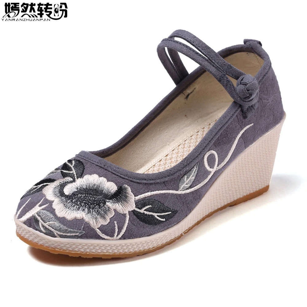 

Handmade Women Pumps Casual Linen Canvas Embroidered Espadrilles Wedge Platforms Ladies Med Heel Cotton Embroidery Shoes