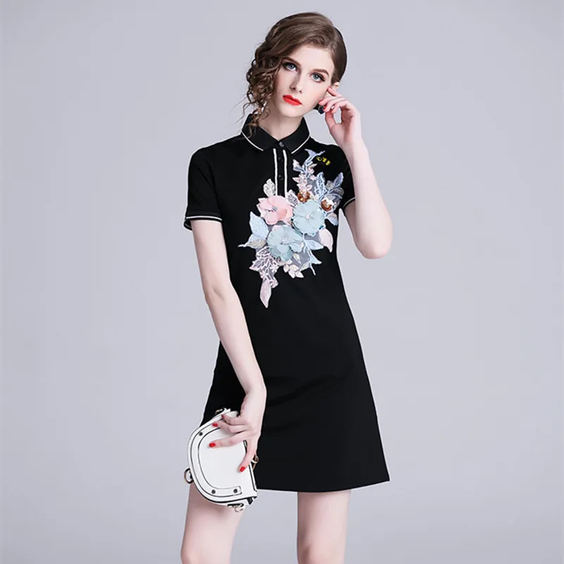 

BLLOCUE High Quality Fashion Designer Runway 2019 Spring and Summer Women's Short Sleeve Gorgeous Flower Embroidery Dresses