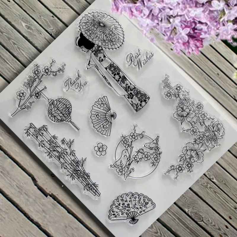 

DIY Japanese Style Fans Geisha Girl Clear Stamp Scrapbook Photo Cards Rubber Seal Stamp Transparent Silicone Transparent