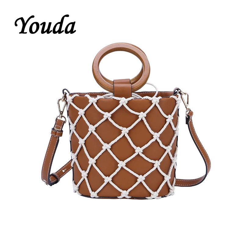 

Youda New 2019 Fashion Woven Mesh Beach Handbag Casual Simple Diagonal Bucket Bag Solid Color PU Material Female Shoulder Bags