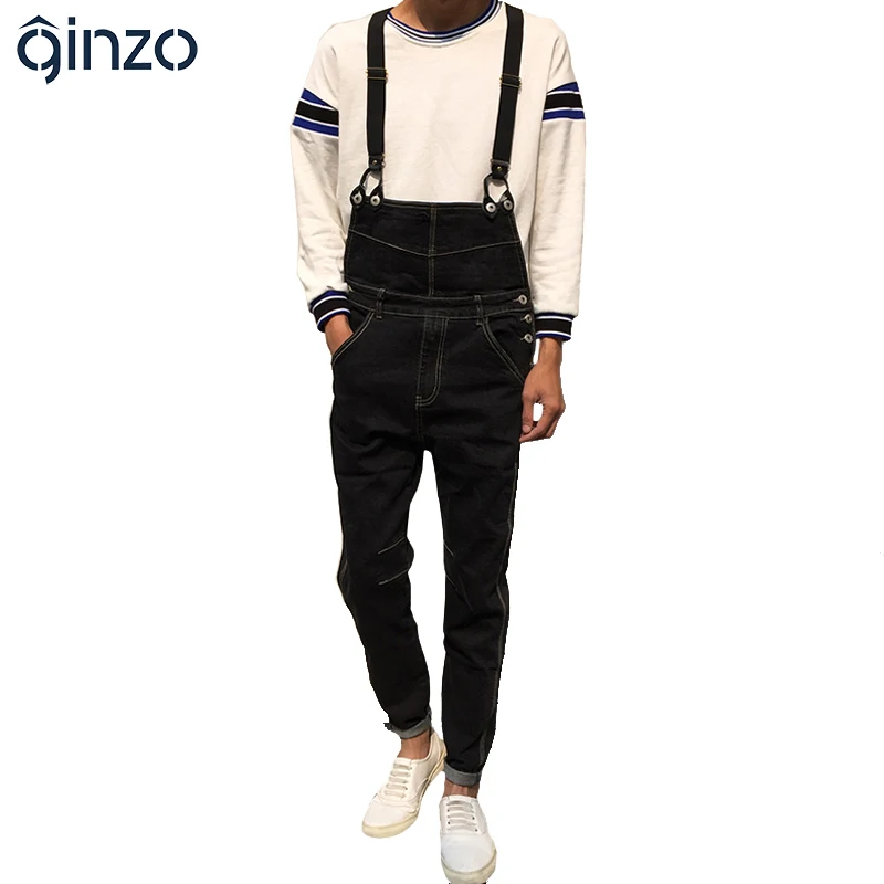 Buy Men's fashion slim denim overalls Male black denim