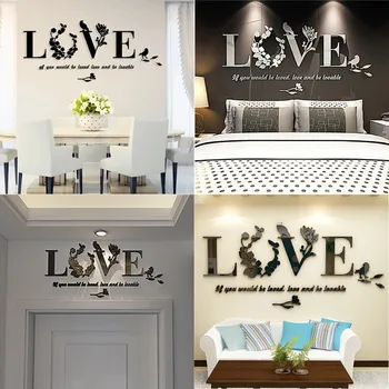 

Stylish Bird Flower LOVE Wall Sticker Valentine Bedroom Acrylic Poster DIY TV Wall Sticker 3D Leaves Art Vinyl Decals Decoration