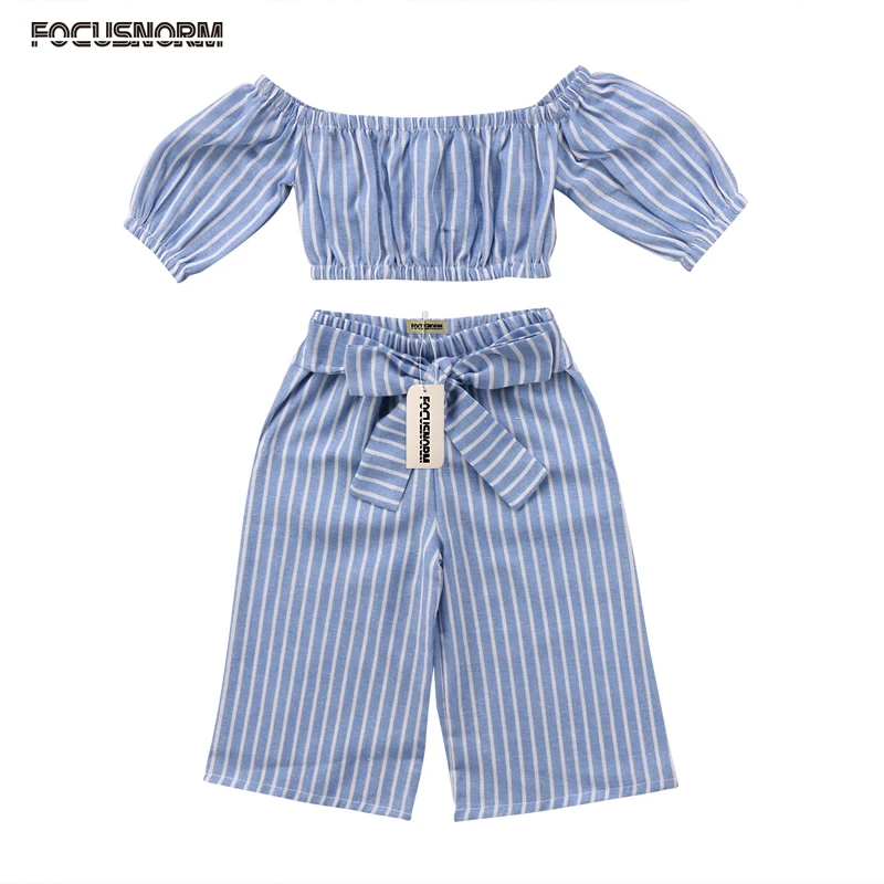 

Newborn Toddler Baby Girls Fashion Sweet Summer 2PCS Sets Long Flare Sleeve Off Shoulder Blue Striped Tops Bow Pants Outfit 1-6Y