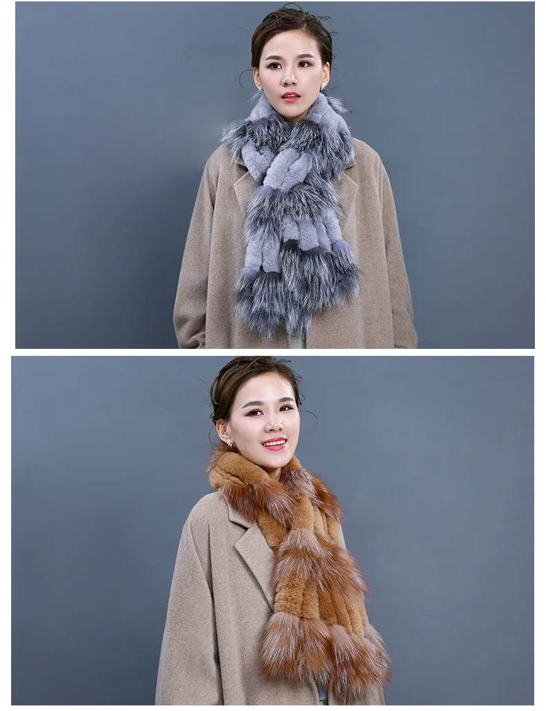 Factory Direct New Real Fur Scarves For Women Handmade Natural Rex Rabbit Fur Scarf With Sliver Fox Fur Wraps (19)