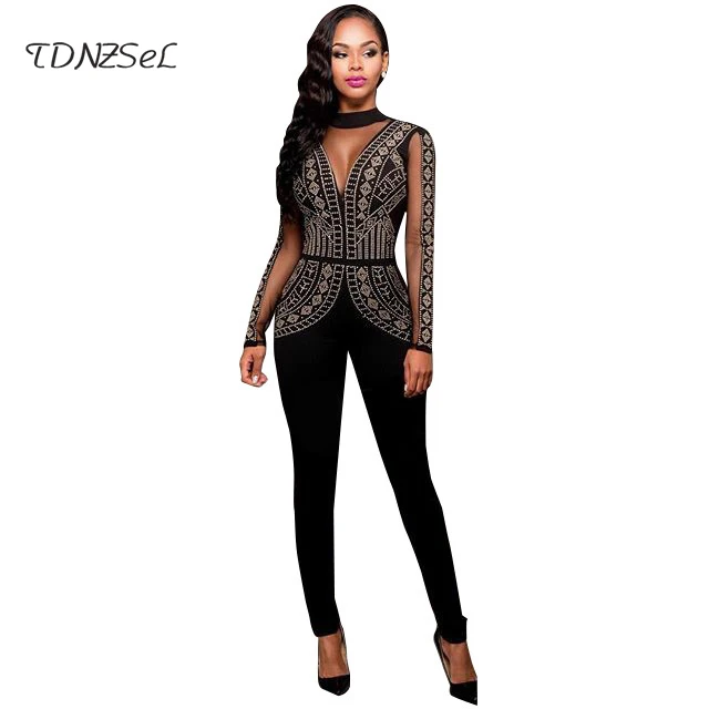 sexy rompers women mesh jumpsuit diamond outfit long sleeve tight pants