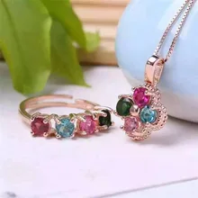 S925 стерлингового серебра Фея инкрустированные Турмалин комплект ювелирных изделий драгоценный камень Ювелирное кольцо+ кулон набор из натуральных камней