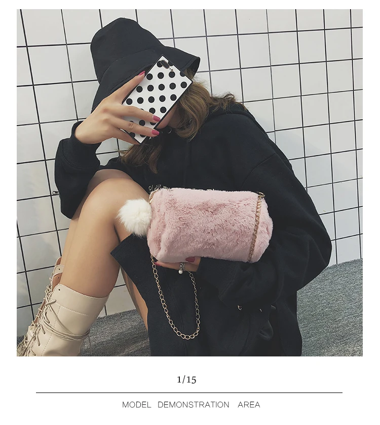 Hot Barrel Shaped Bag Velour Female Chain Handbag Fur Ball Women Purse Crossbody Messenger Shoulder Bags Sac A Main mujer bolsa(56)