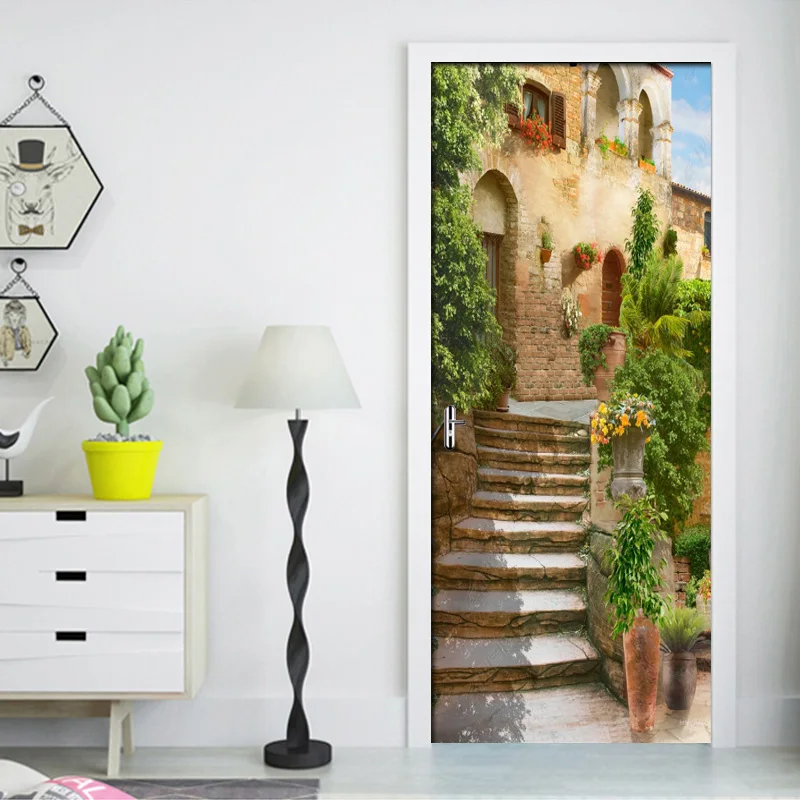 

3D Door Stickers PVC Self-adhesive Waterproof European Garden Town Wall Stickers Wall Paper Living Room Door Decor Decal Poster