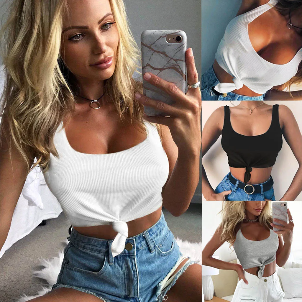 

MUQGEW Women Clothes 2019 Fashion Womens Sexy Short O-Neck Solid Knotted Tank Tops Sleeveless Vest Camisetas Mujer Manga Corta