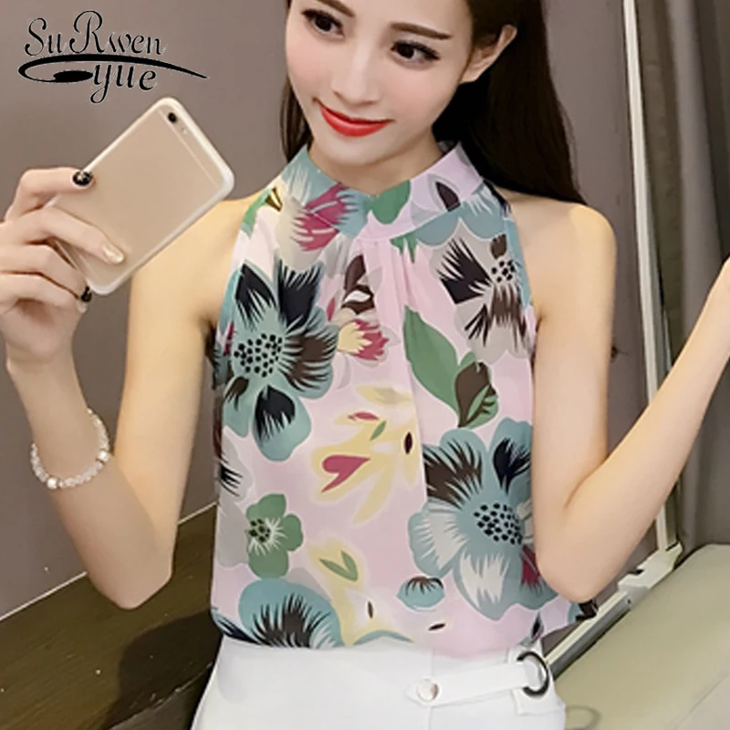 

2019 fashion sexy sleeveless chiffon women blouse shirt stand neck slim print women's clothing sweet women tops blusas D557 30
